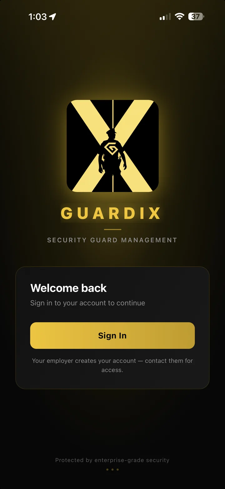 The Guardix app sign-in screen: the gold Guardix logo, Security Guard Management, and a Welcome back card with a Sign In button.