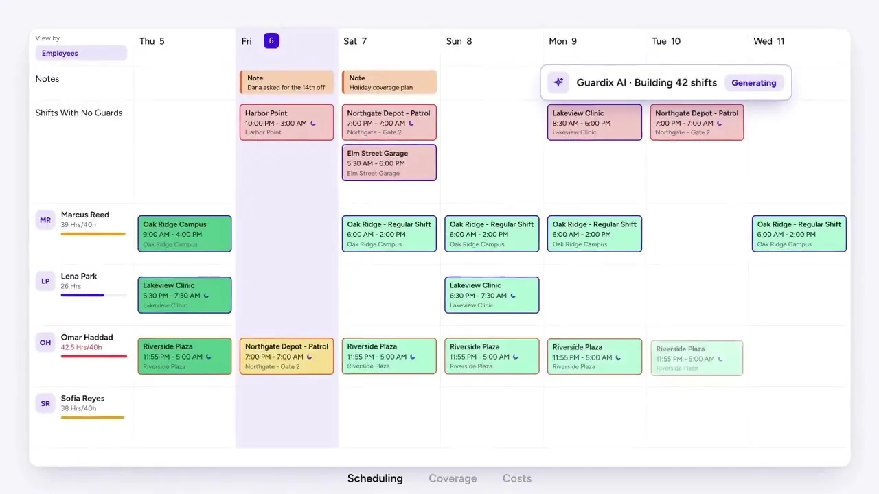 Guardix scheduling product interface