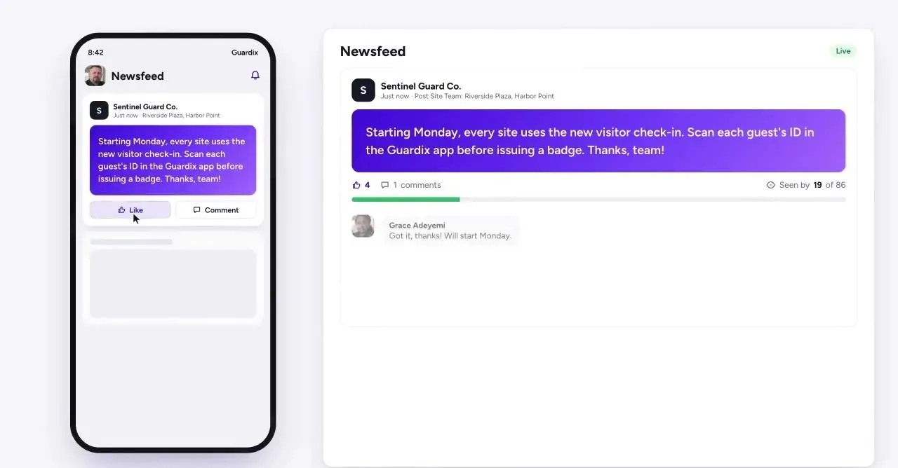 Team feeds: an example screen