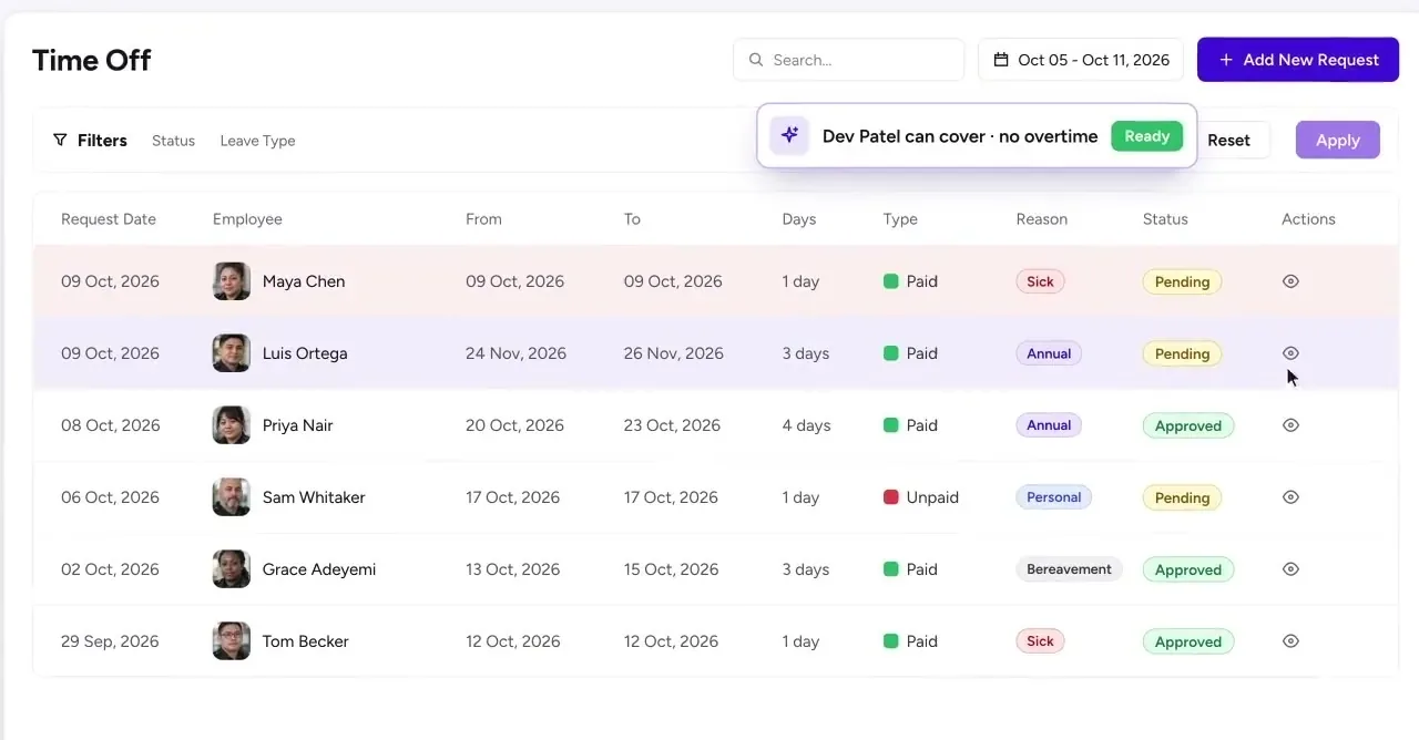 Time off: an example screen