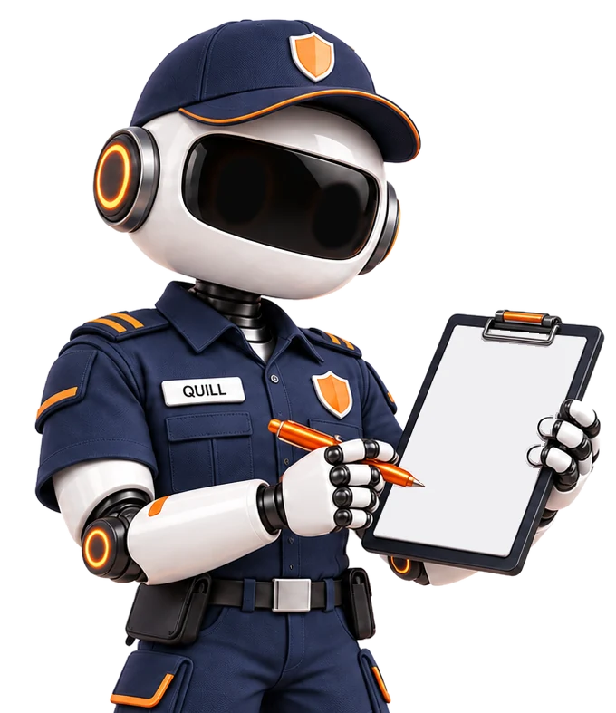 Quill, the Guardix AI agent, holding a tablet